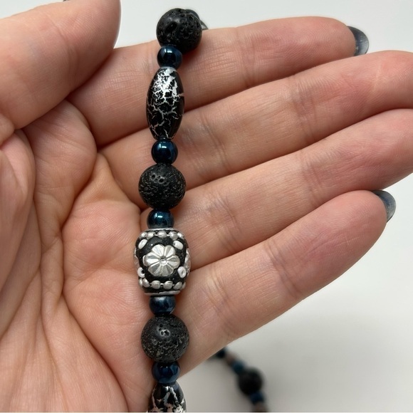 Classic Black Lava Rock Beaded Necklace with Blue and Black Marble Beads - Picture 8 of 11